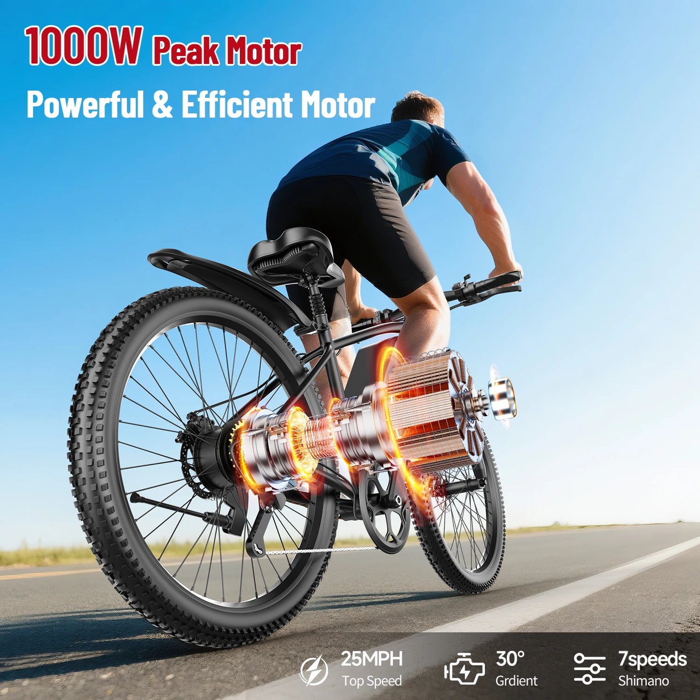 Xkoala Electric Mountain Ebike 1000W Peak Motor 25MPH