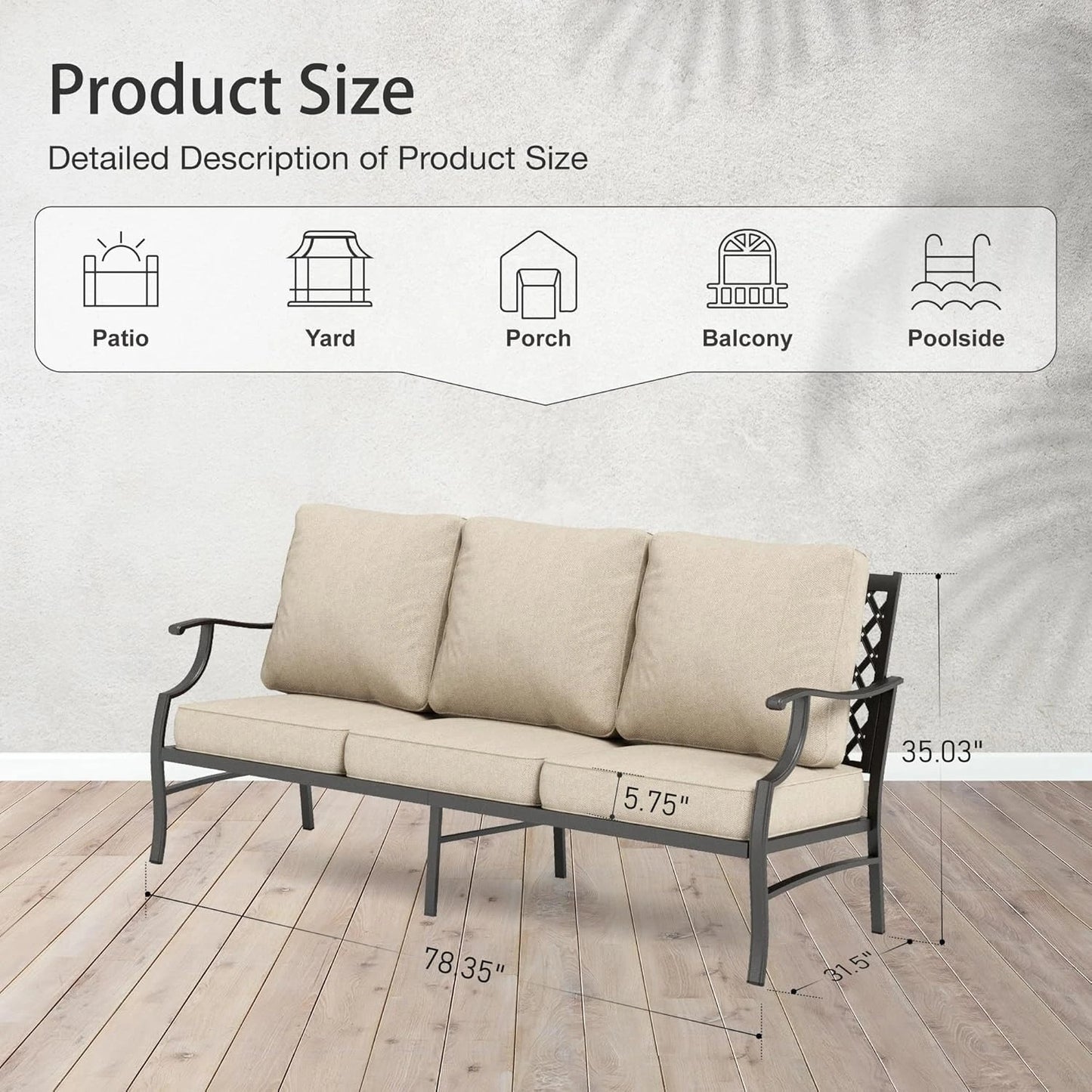 HUANZHUANG All Weather 3 Seat Outdoor Patio Sofa with Cushions