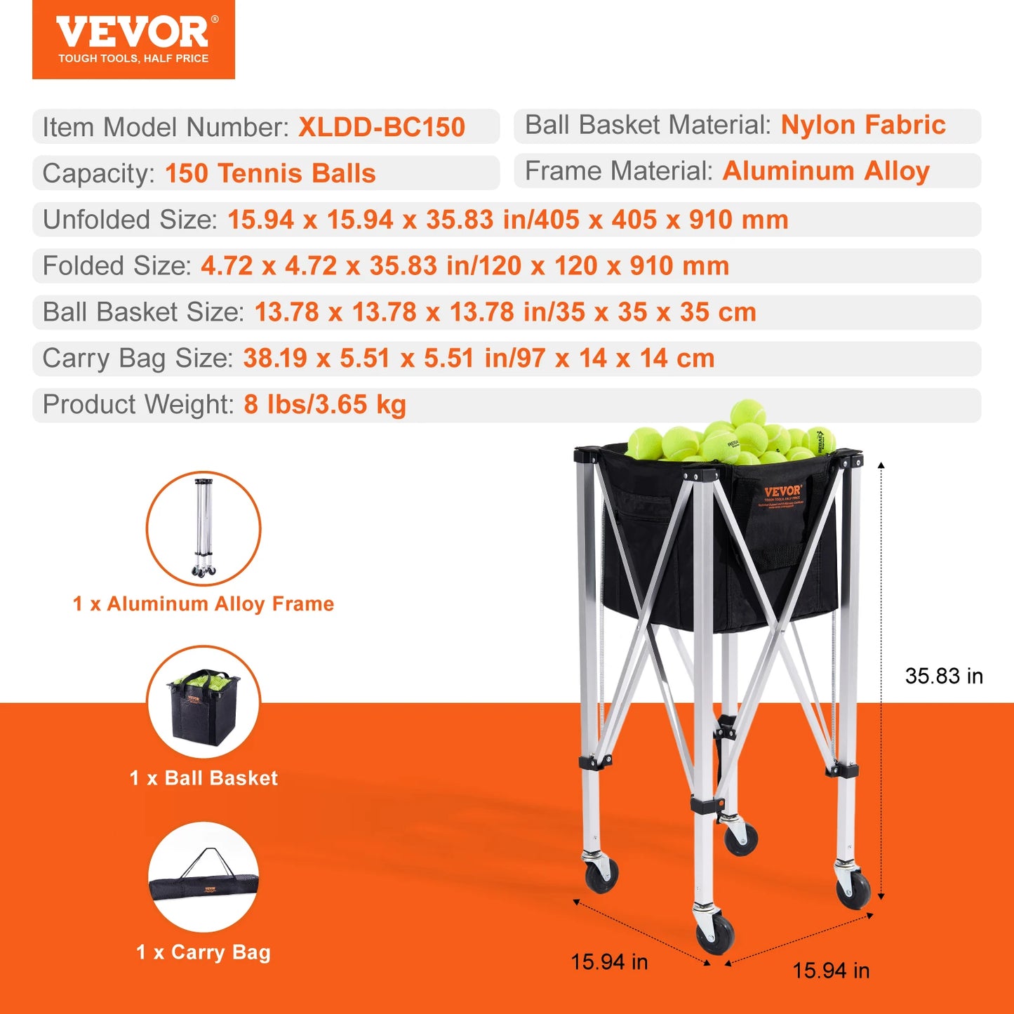 VEVOR SucceBuy Foldable Tennis Ball Cart Portable Holds 150 Balls Perfect For Courts