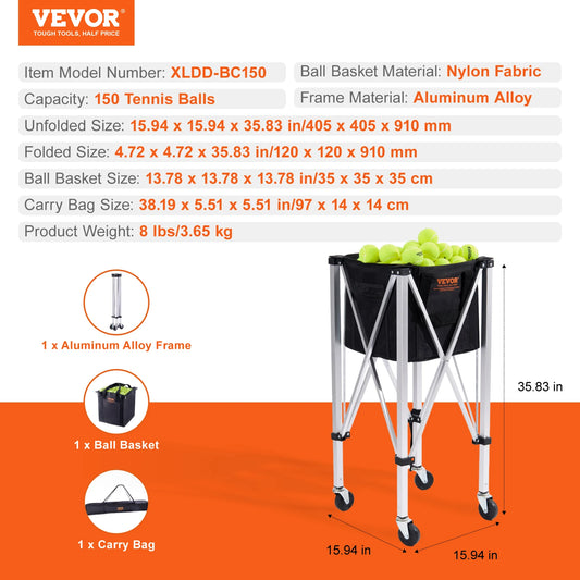 VEVOR SucceBuy Foldable Tennis Ball Cart Portable Holds 150 Balls Perfect For Courts