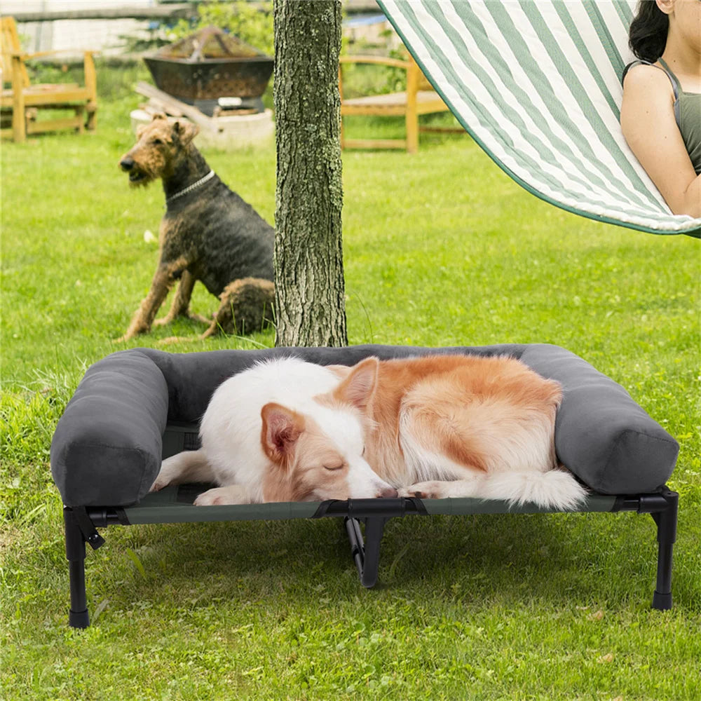 BORWARTCN Outdoor Raised Dog Bed With Cooling Breathable Mat And Plush Cushion For Home Garden
