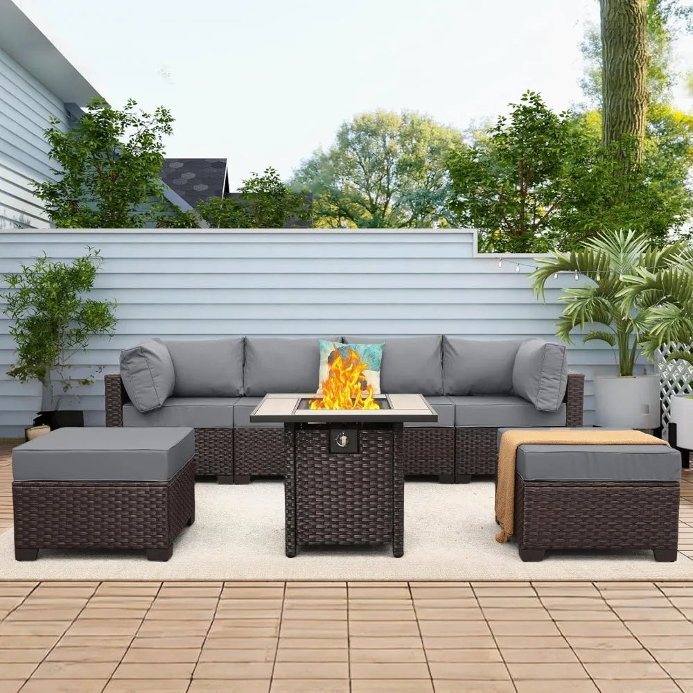7 Piece Patio Set With Sectional Sofa And Fire Pit