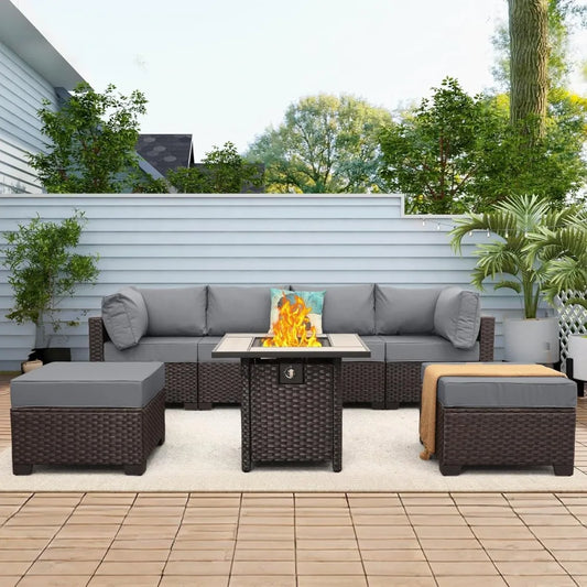 7 Piece Patio Set With Sectional Sofa And Fire Pit