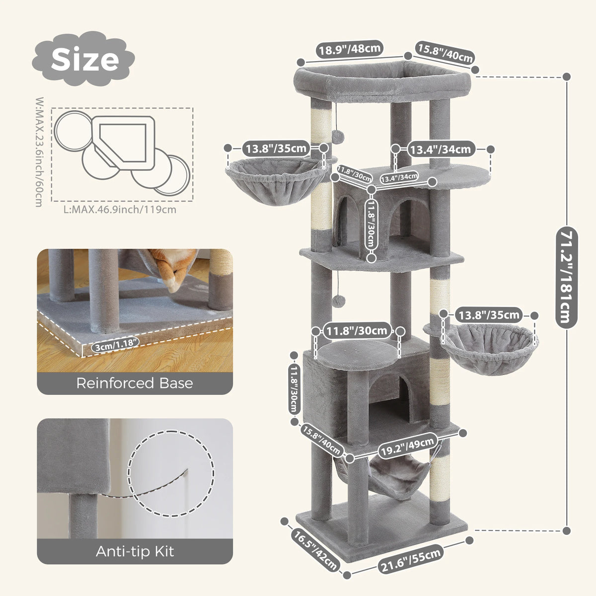 PAWZ Road Tiered Cat Tree With Scratching Posts And Hammock