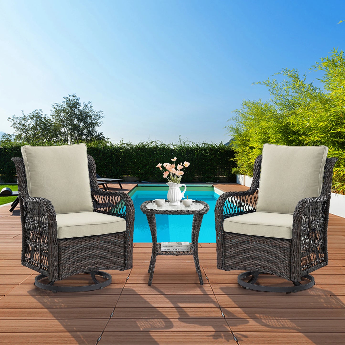 HobbyLane 3-Piece Outdoor Wicker Swivel Chair Set With Table