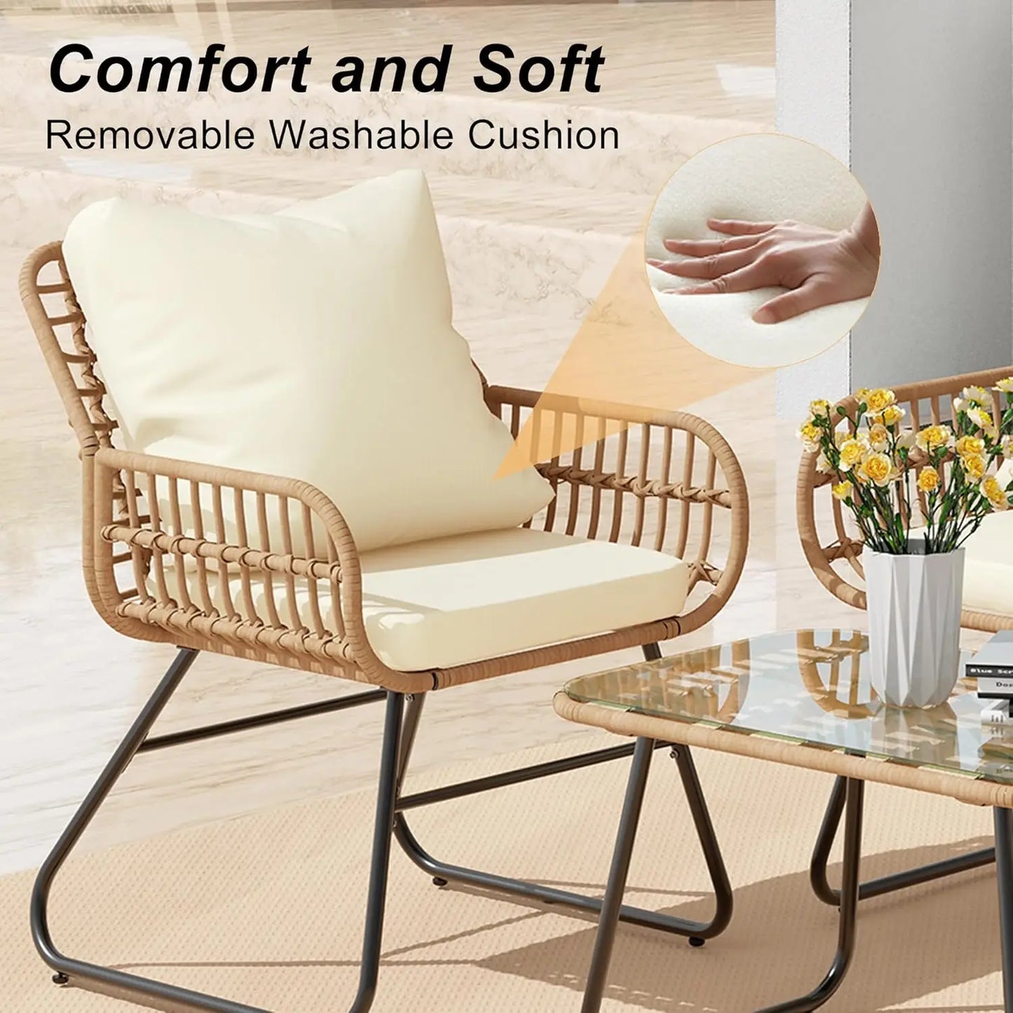 All Weather Rattan Outdoor 4 Piece Patio Set With Cushions And Glass Table
