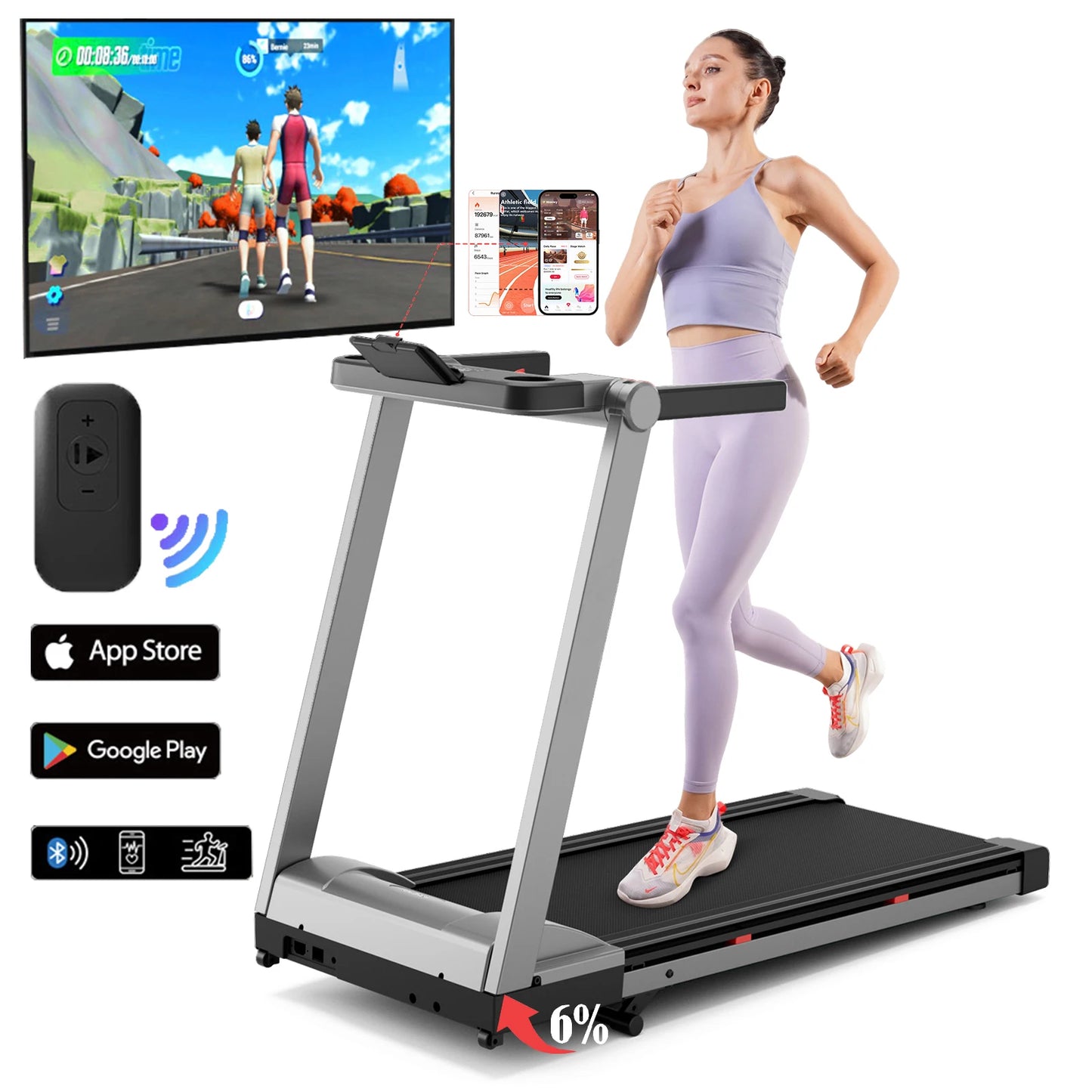 Superun Foldable Incline Treadmill With Handle Bar And App