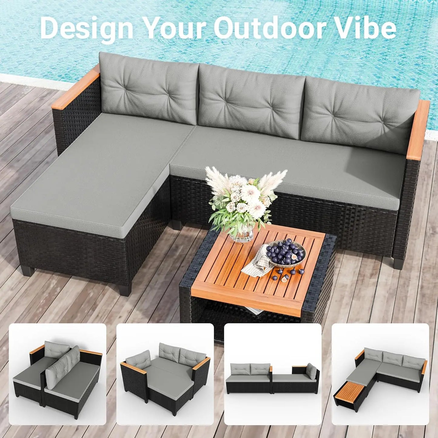 All Weather Rattan Outdoor Sectional Sofa Set With Storage Table