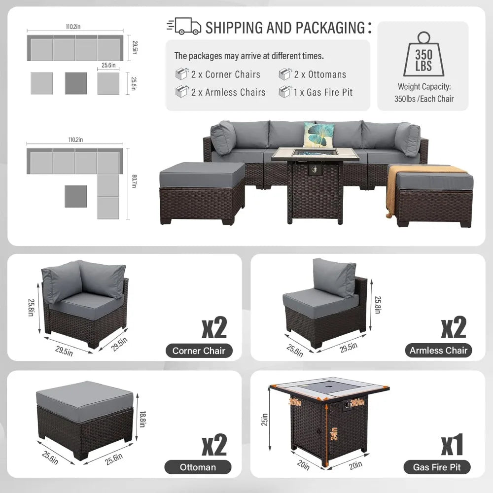 7 Piece Patio Set With Sectional Sofa And Fire Pit