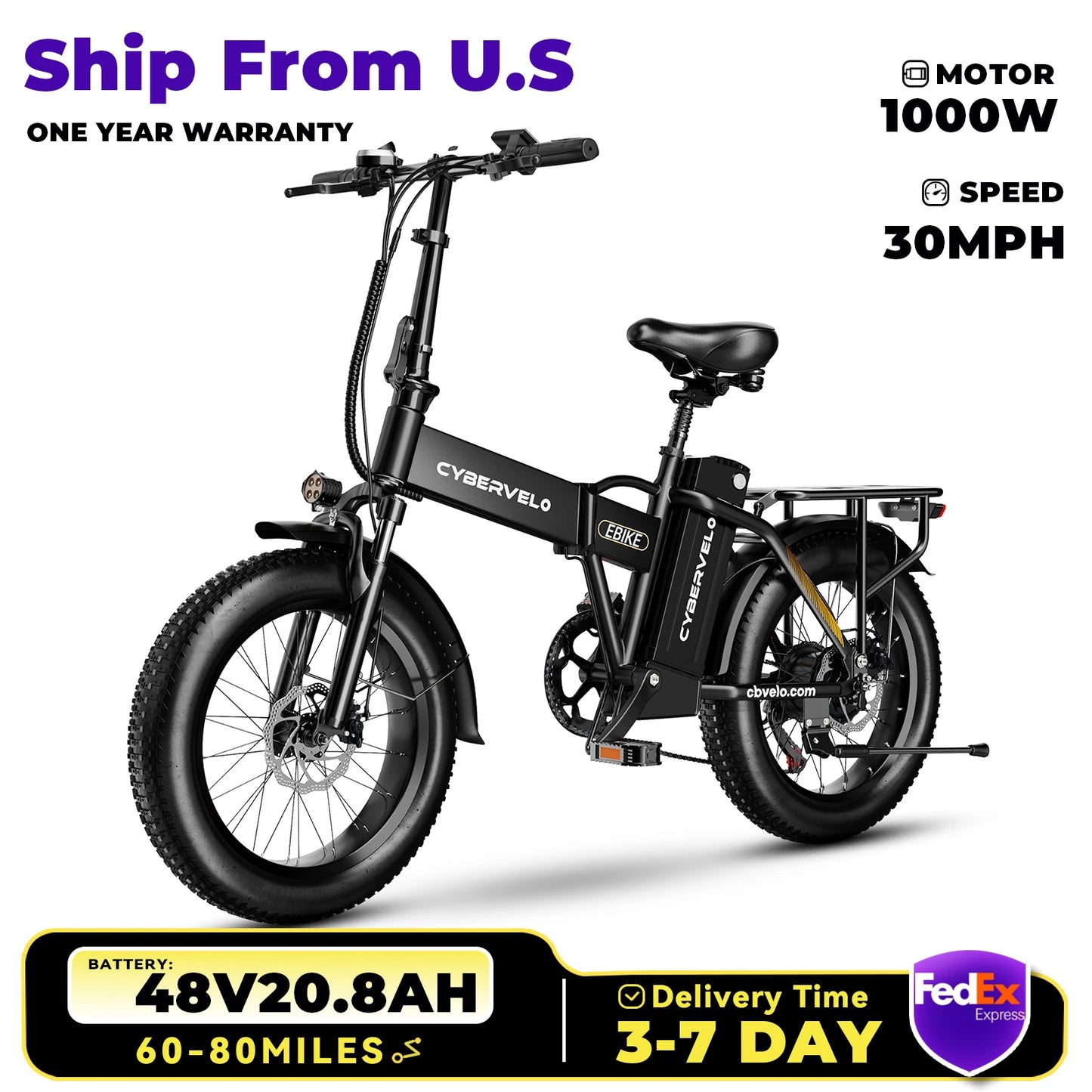 CYBERVELO 1000W Folding Electric Bike With Removable Battery