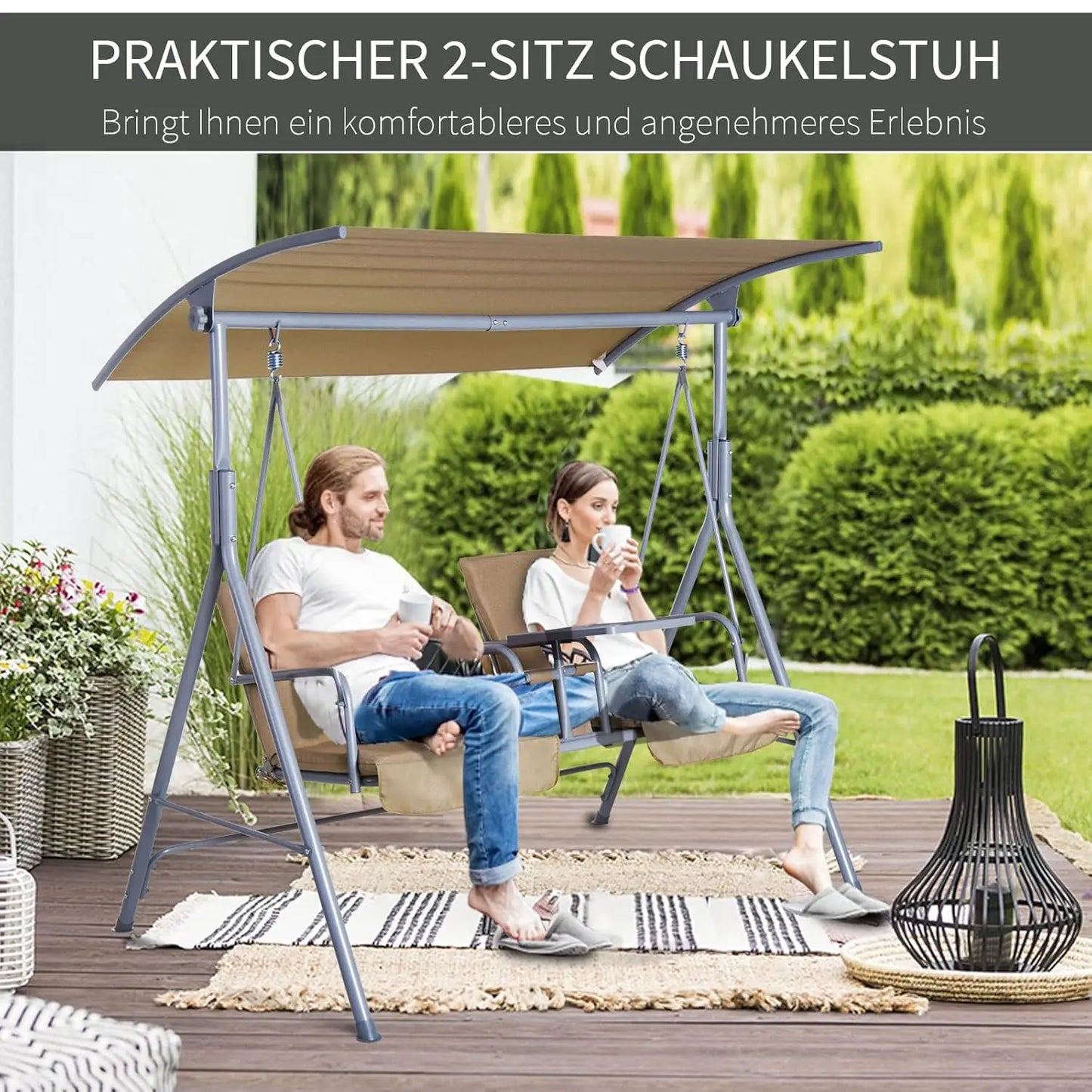 HUANZHUANG 2 Person Outdoor Porch Swing With Canopy And Table