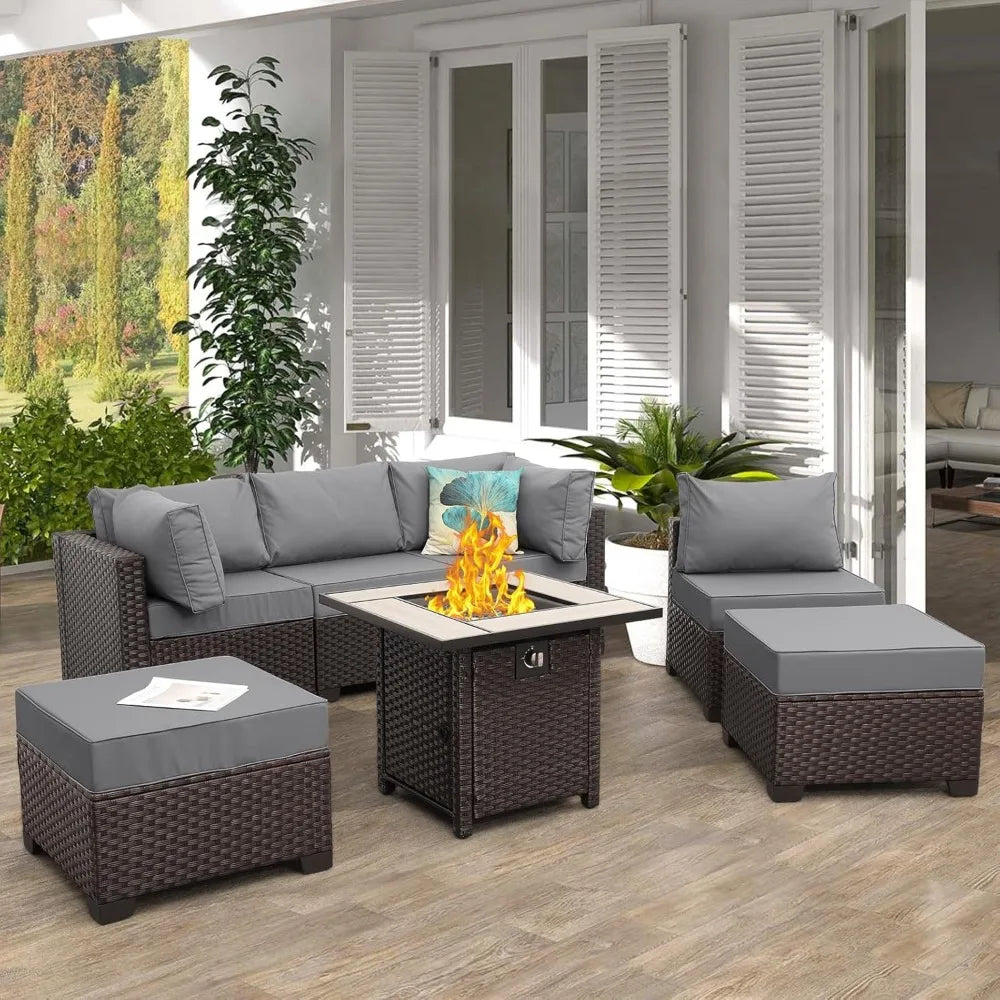 7 Piece Patio Set With Sectional Sofa And Fire Pit