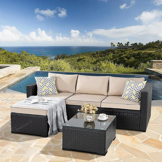 3-Piece Outdoor Sectional Set With Washable Cushions And Glass Table