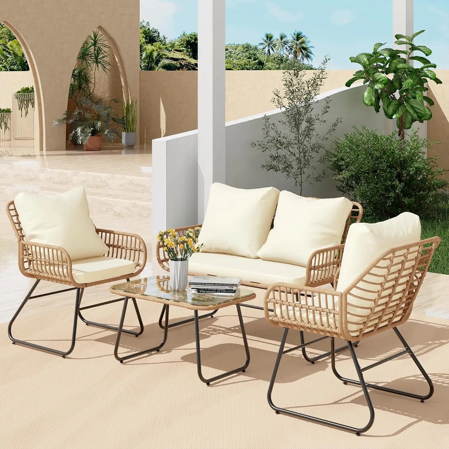 All Weather Rattan Outdoor 4 Piece Patio Set With Cushions And Glass Table