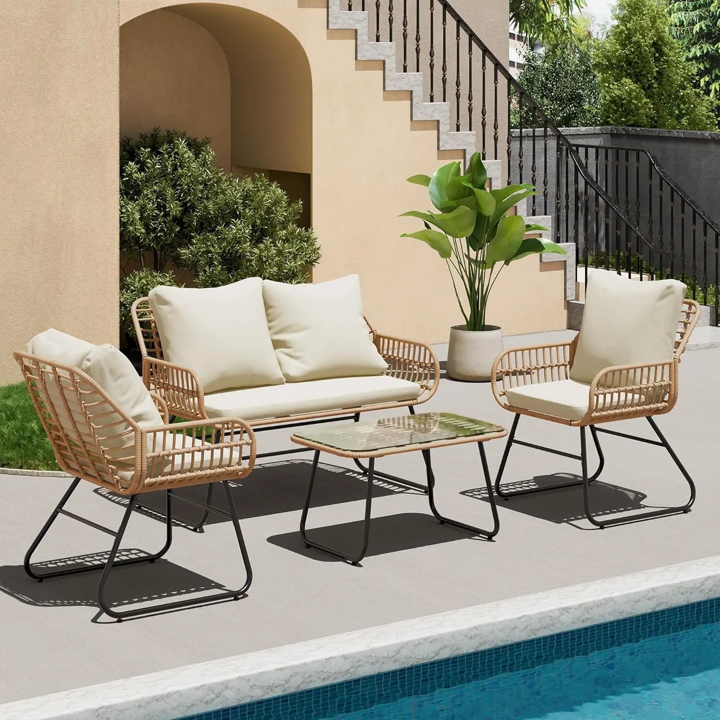 All Weather Rattan Outdoor 4 Piece Patio Set With Cushions And Glass Table