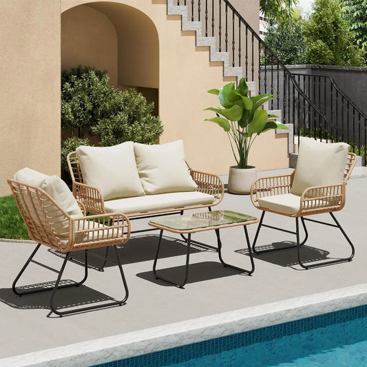 Outdoor 4 Piece Rattan Patio Furniture Set Glass Table