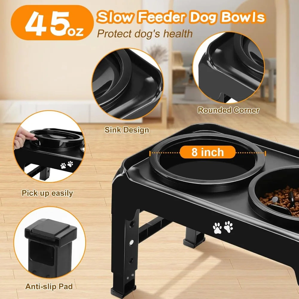 Elevated 2 In 1 Dog Feeder With Slow Feeder And Water Bowl Four Level Adjustable Stand