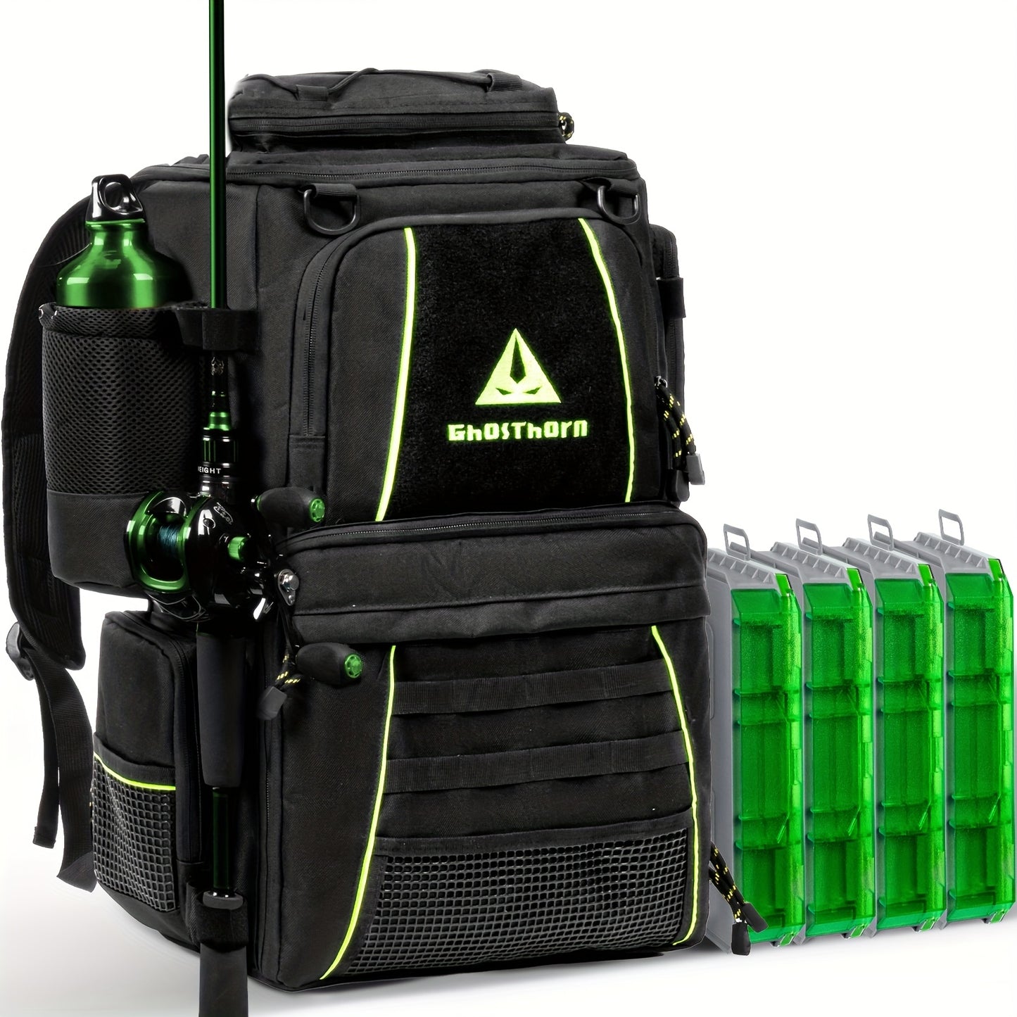 GHOSTHORN Fishing Tackle Backpack With 4 Tackle Boxes And Rod Holder
