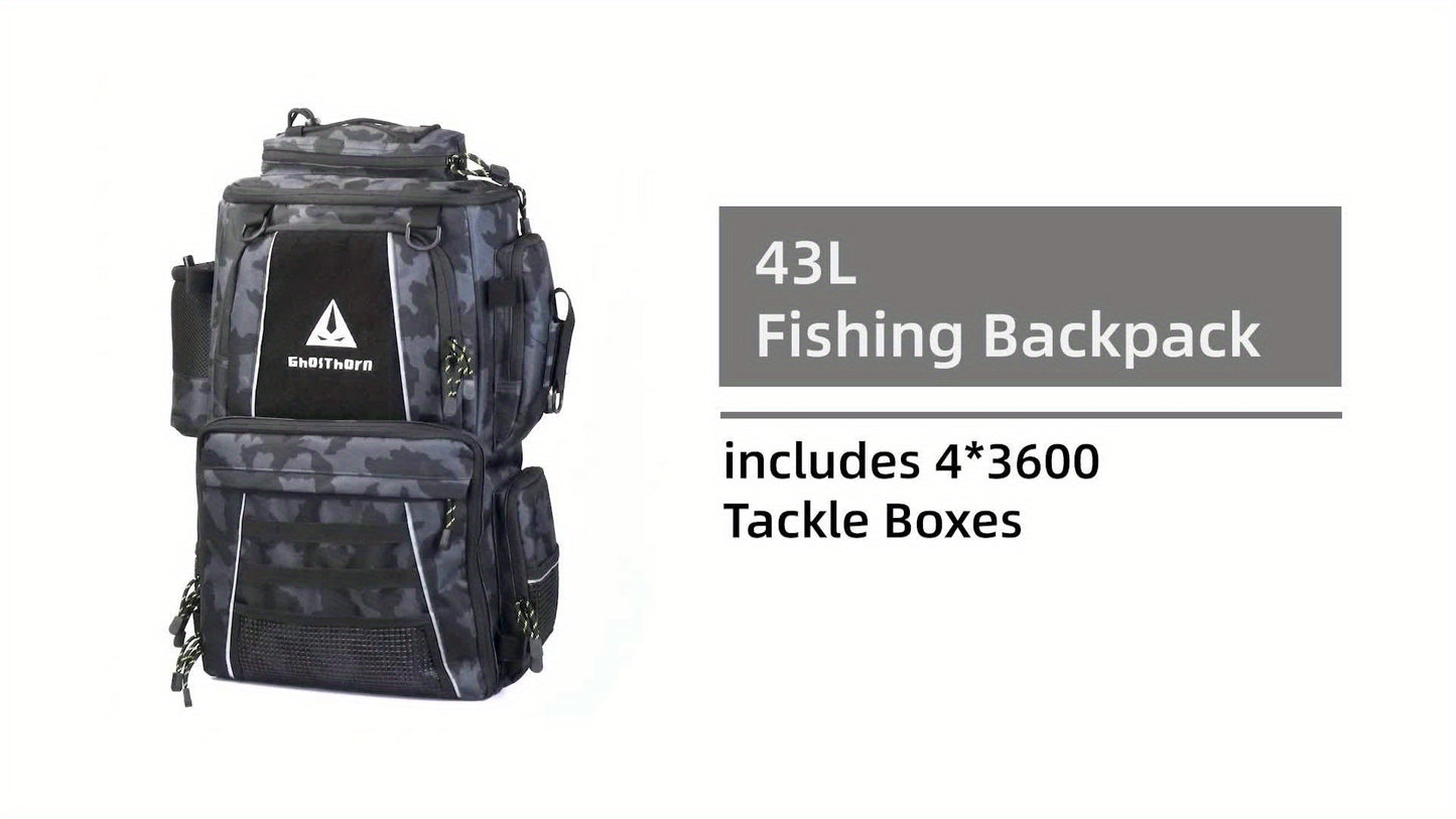 GHOSTHORN Fishing Tackle Backpack With 4 Tackle Boxes And Rod Holder