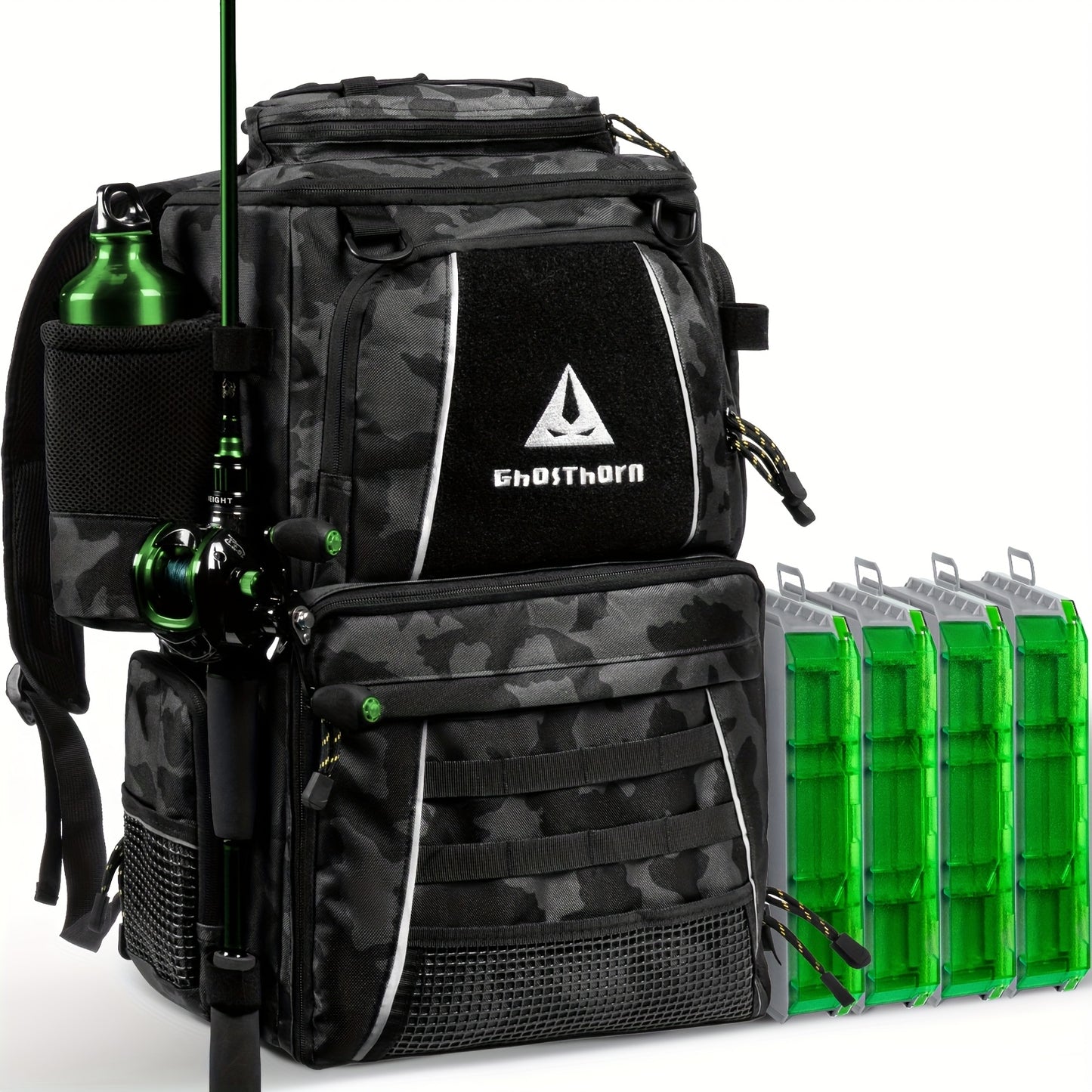 GHOSTHORN Fishing Tackle Backpack With 4 Tackle Boxes And Rod Holder
