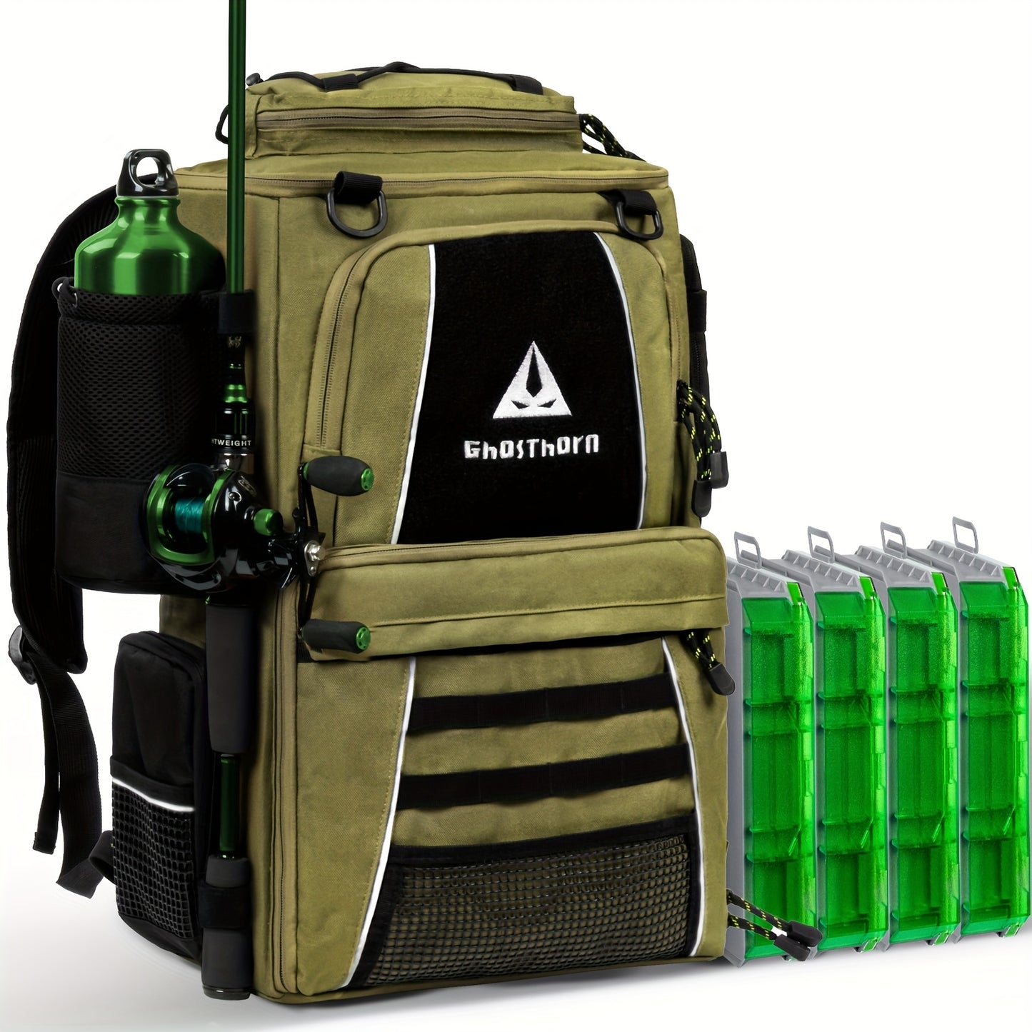 GHOSTHORN Fishing Tackle Backpack With 4 Tackle Boxes And Rod Holder