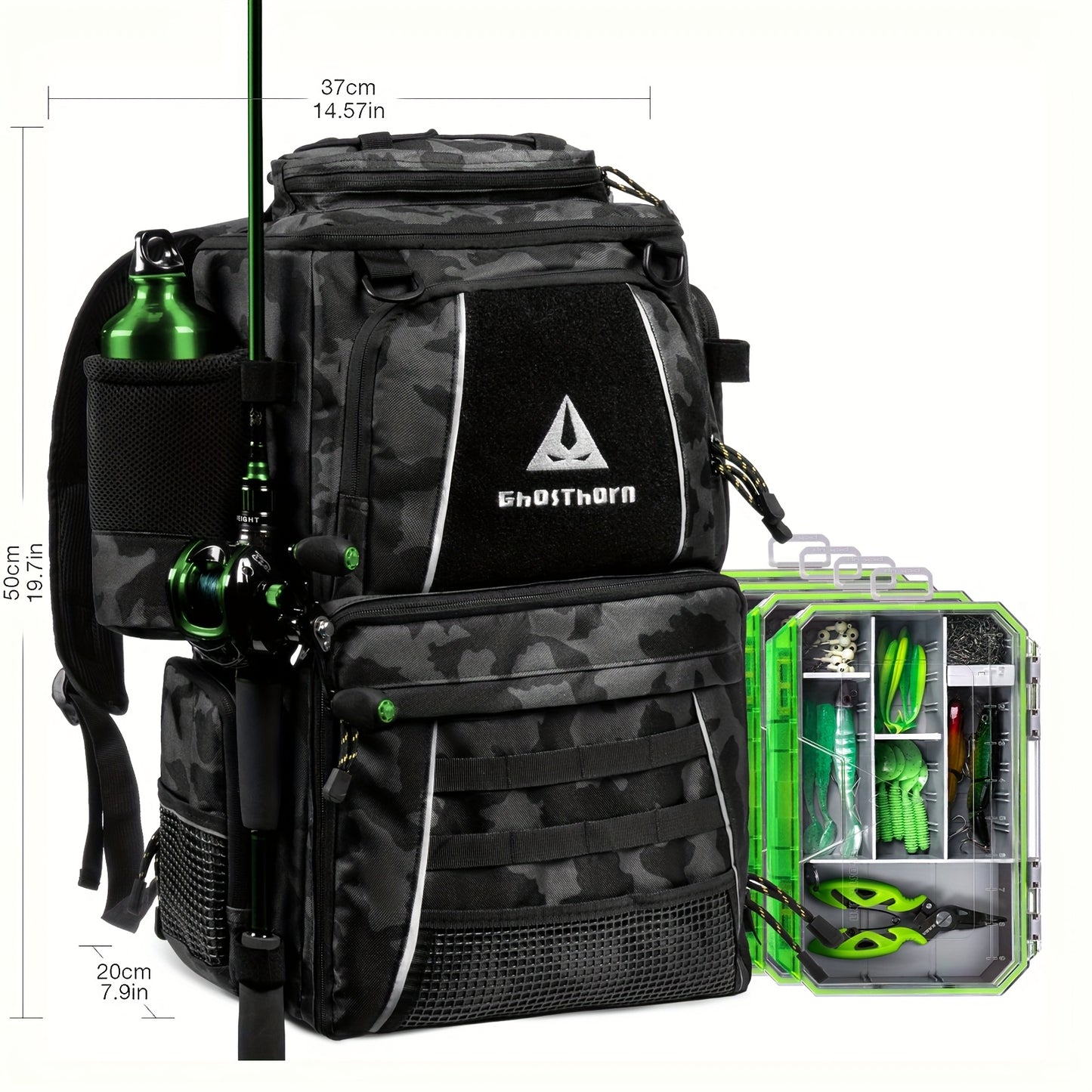 GHOSTHORN Fishing Tackle Backpack With 4 Tackle Boxes And Rod Holder